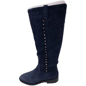 Marc Fisher Dark Blue Secrit Suede Tall Studded Wide Calf Heeled Boots 5 Womens